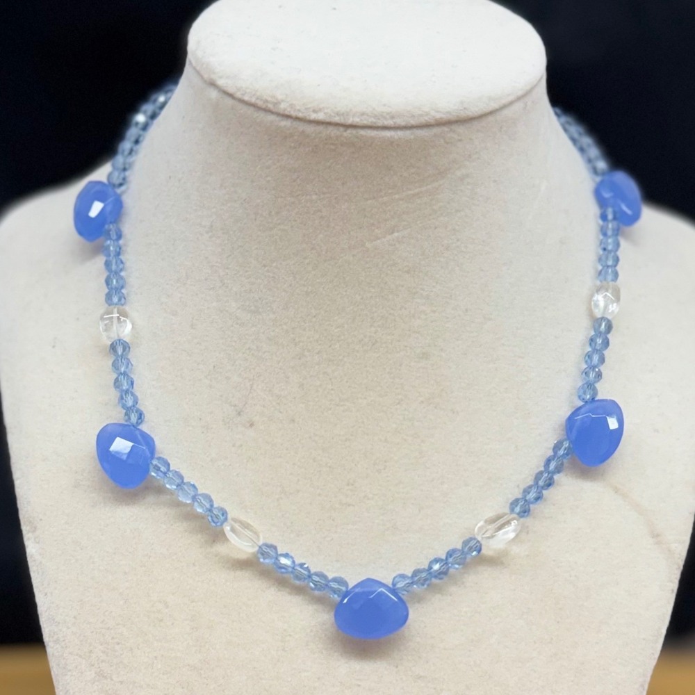 Y2K Blue Beaded Necklace Faceted Heart Briolette Chalcedony Style Gold Clasp